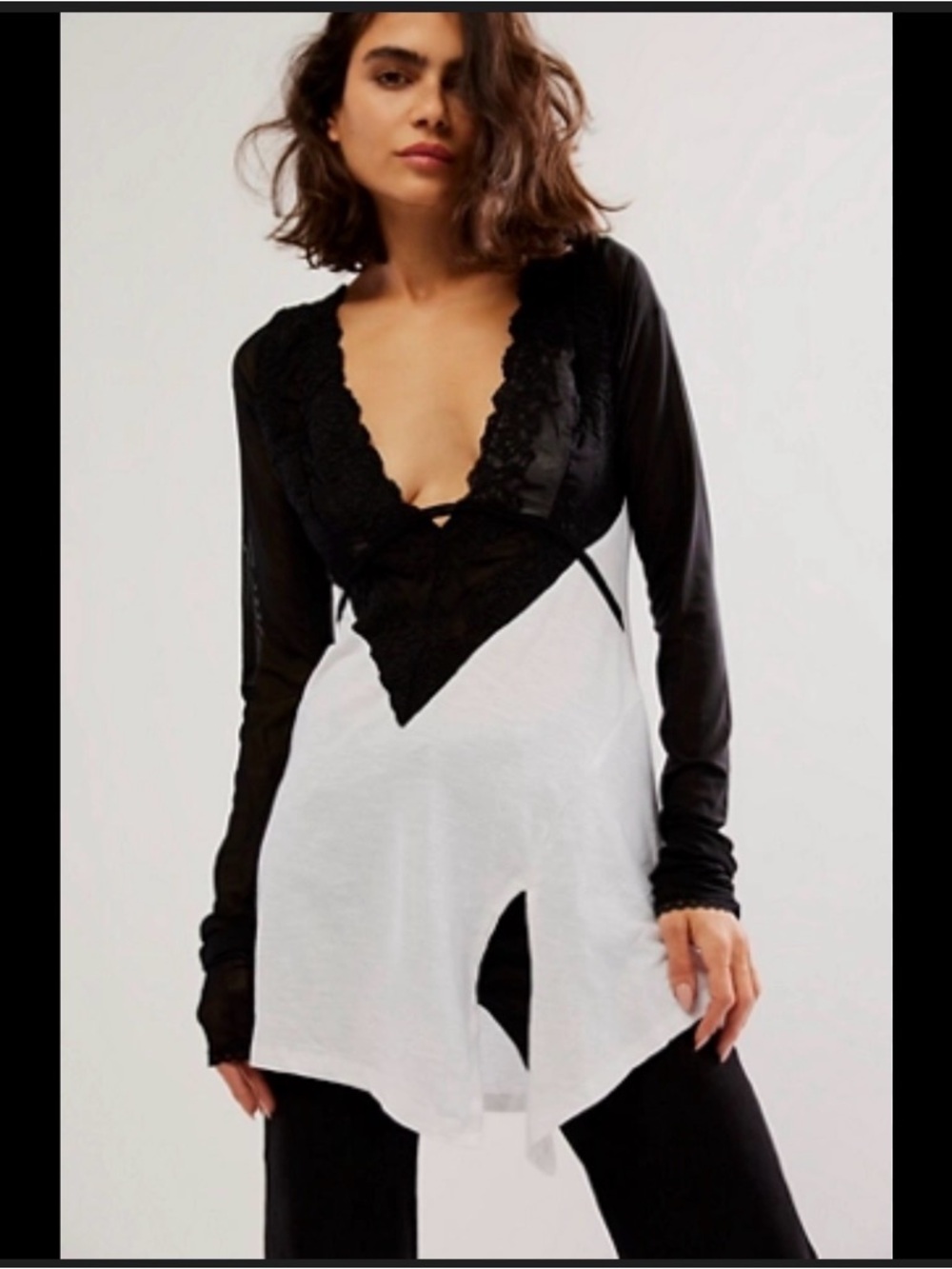 Free People Black and White Lace-Trim V-Neck Tunic